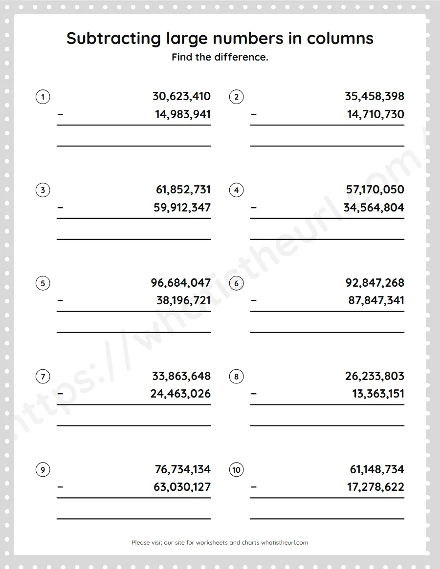 Grade 5 subtracting large numbers in columns worksheet - worksheet