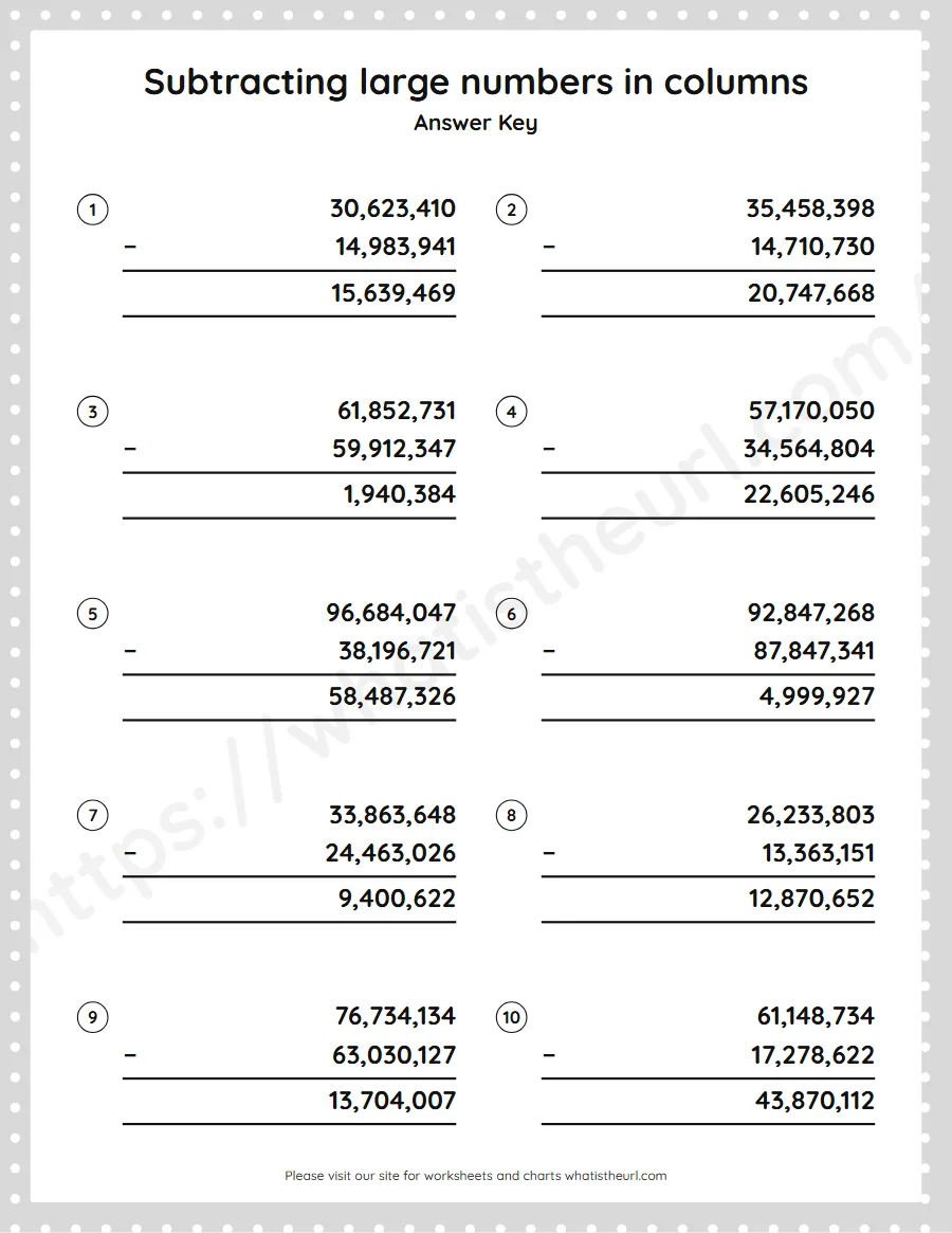 Grade 5 subtracting large numbers in columns worksheet - answer key