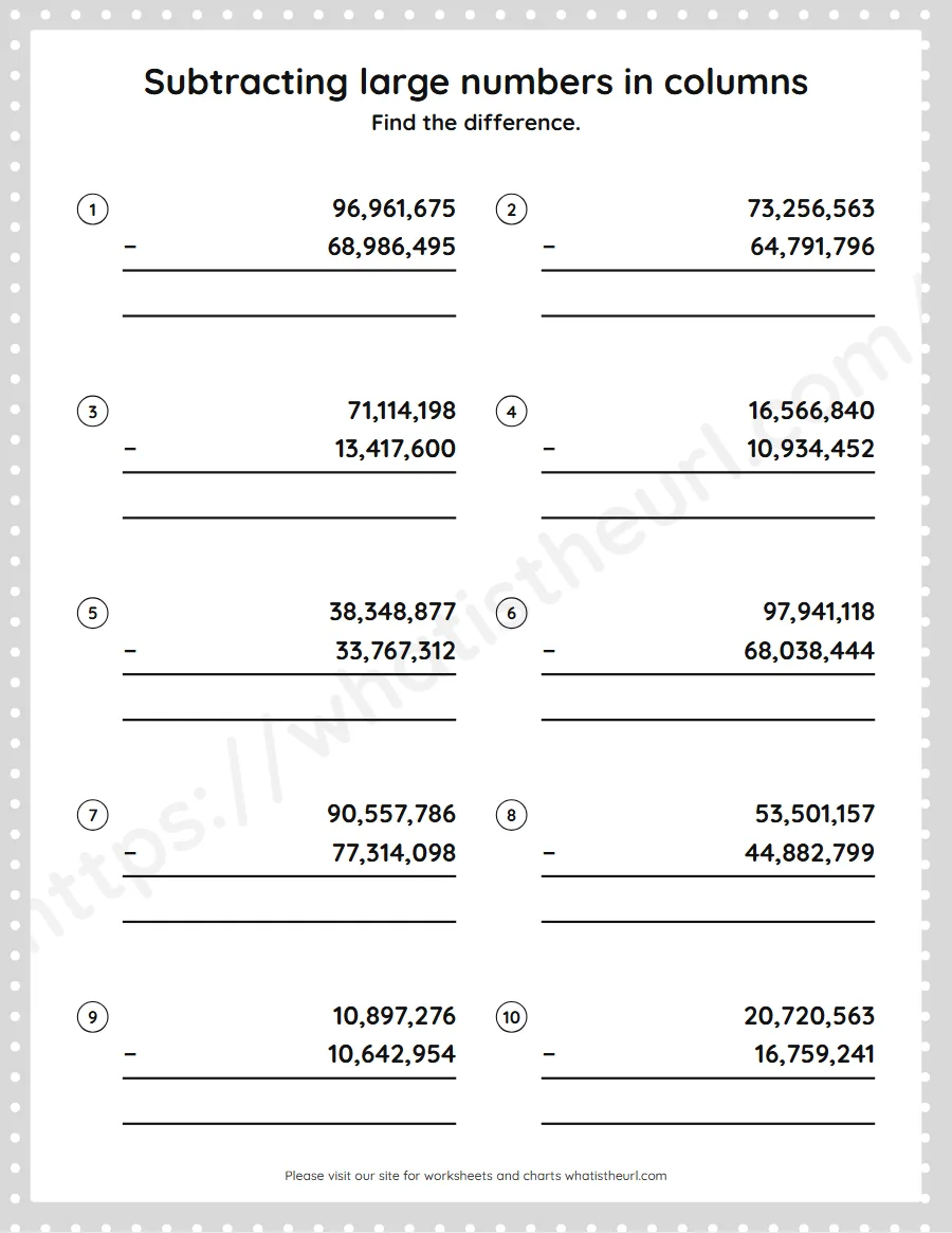 Grade 5 subtracting large numbers in columns worksheet - worksheet