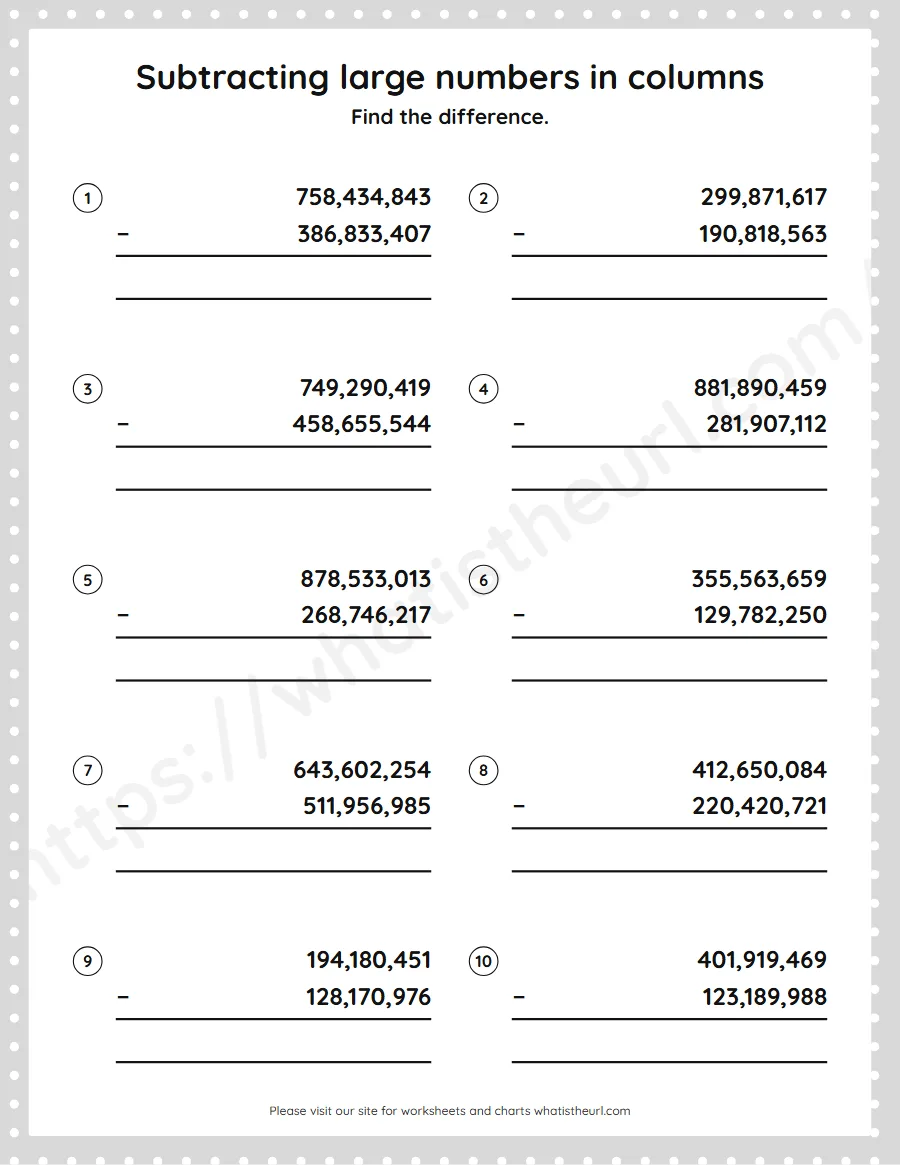 Grade 5 subtracting large numbers in columns worksheet - worksheet