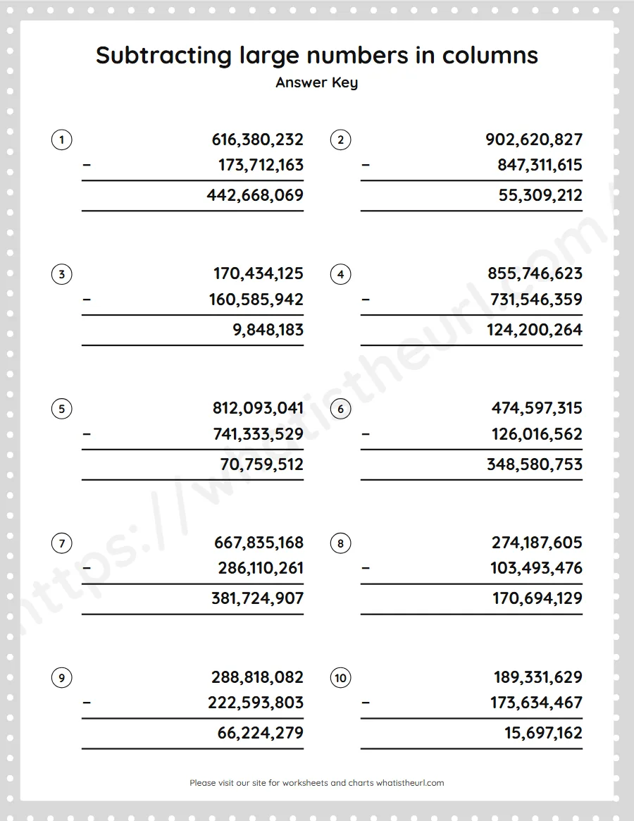 Grade 5 subtracting large numbers in columns worksheet - answer key