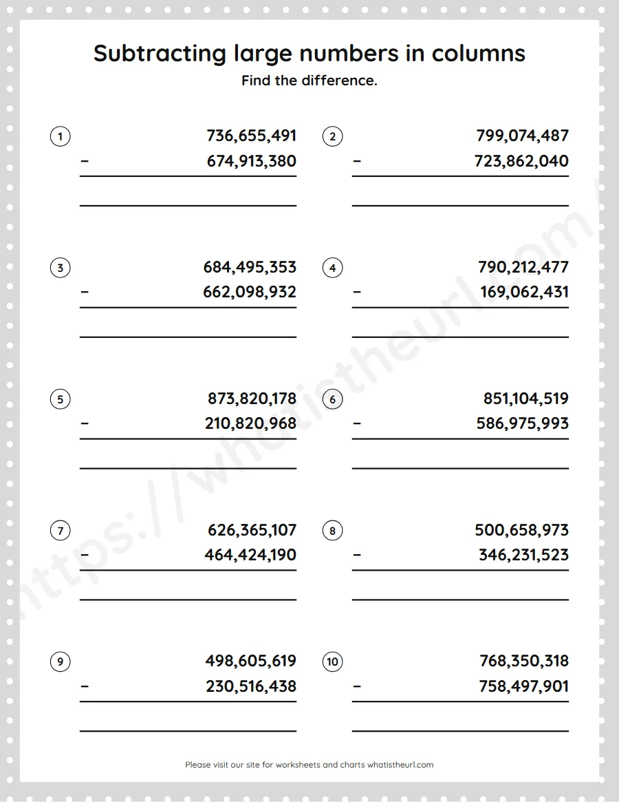 Grade 5 subtracting large numbers in columns worksheet - worksheet