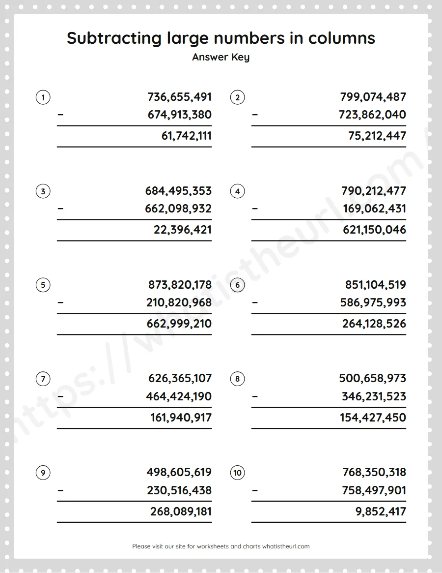 Grade 5 subtracting large numbers in columns worksheet - answer key