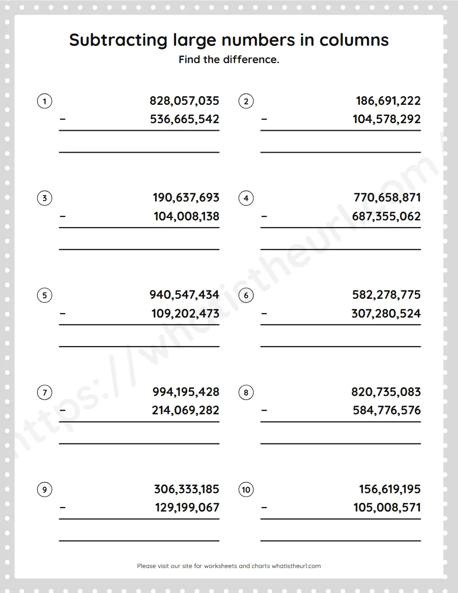 Grade 5 subtracting large numbers in columns worksheet - worksheet