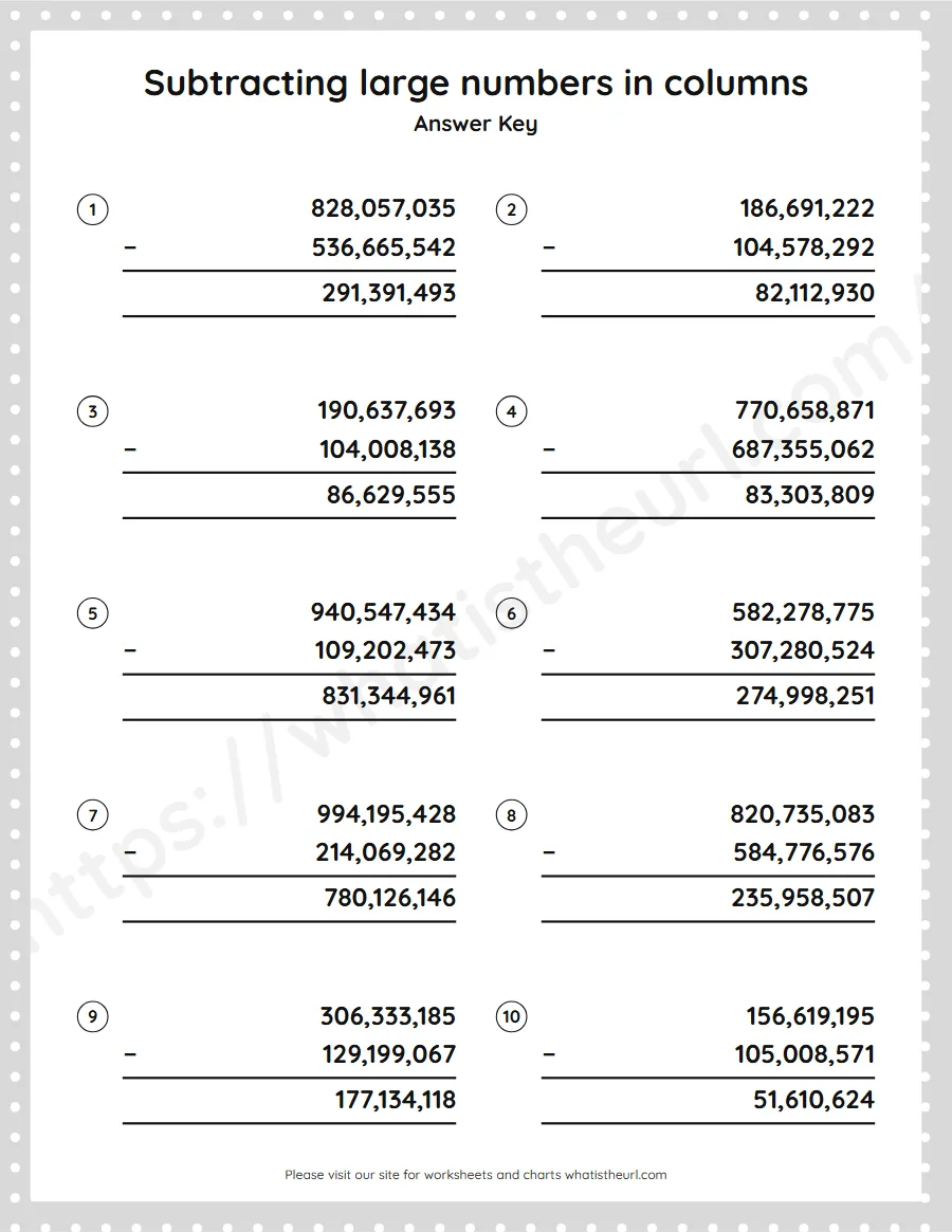 Grade 5 subtracting large numbers in columns worksheet - answer key