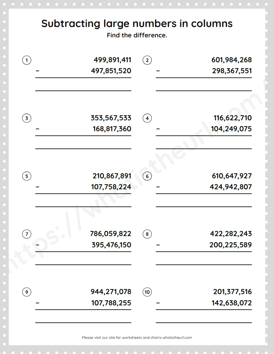Grade 5 subtracting large numbers in columns worksheet - worksheet