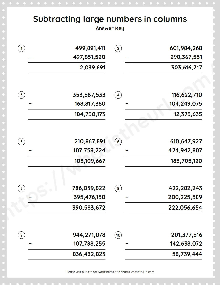 Grade 5 subtracting large numbers in columns worksheet - answer key