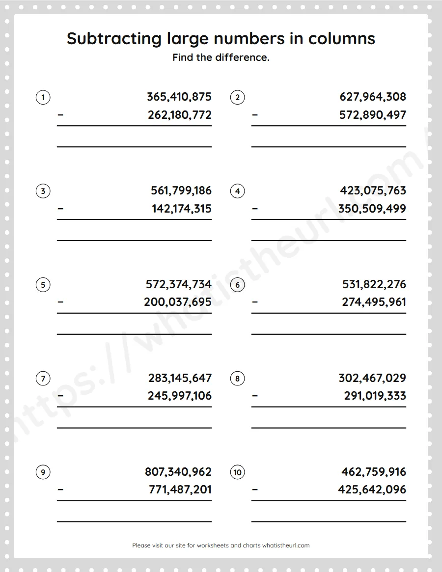 Grade 5 subtracting large numbers in columns worksheet - worksheet