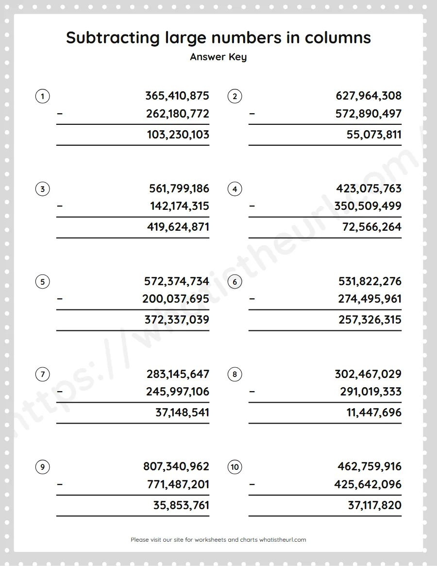 Grade 5 subtracting large numbers in columns worksheet - answer key