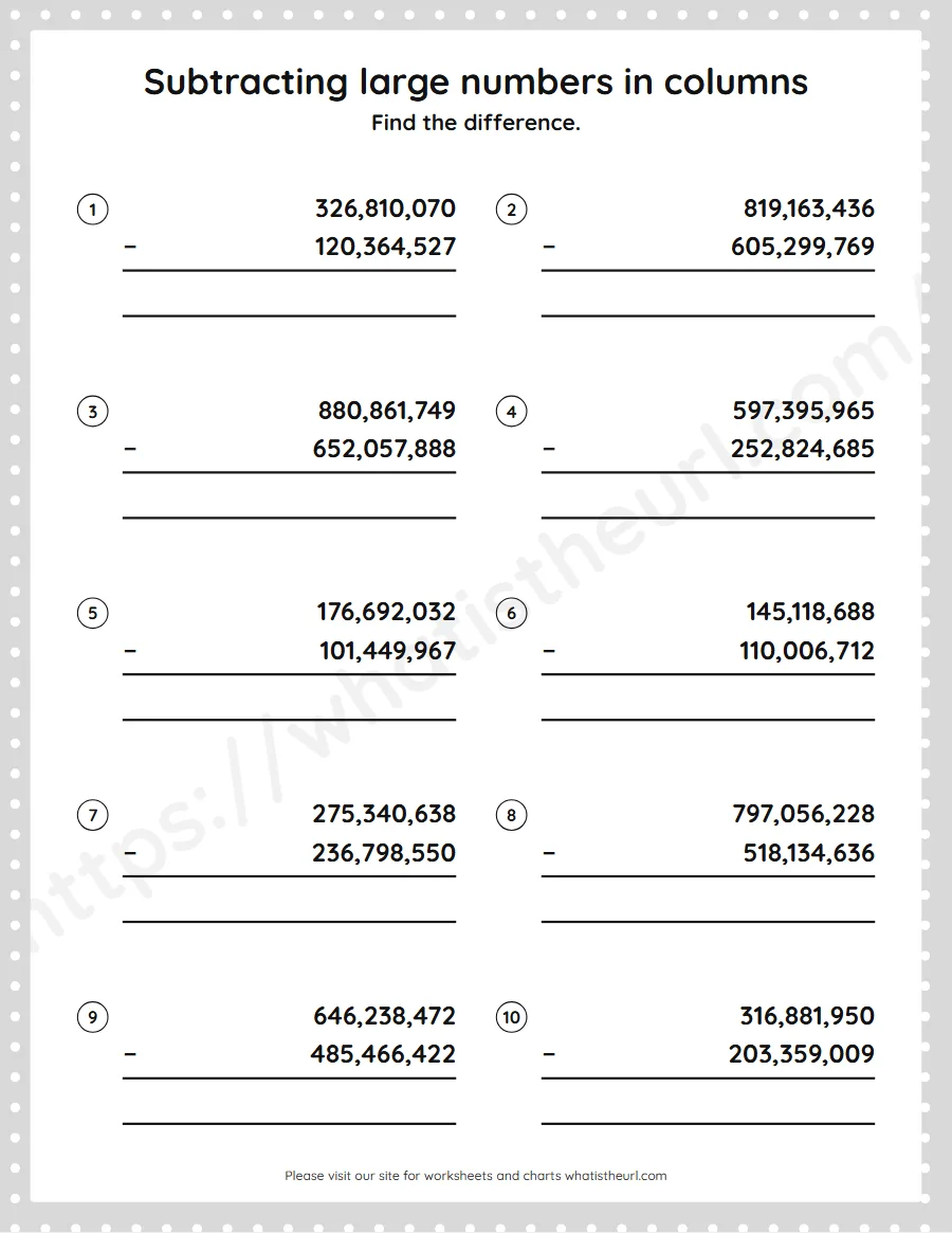 Grade 5 subtracting large numbers in columns worksheet - worksheet