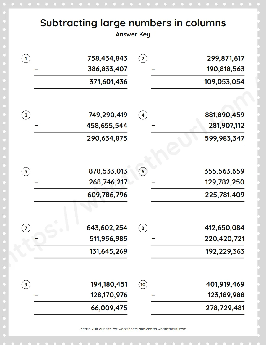 Grade 5 subtracting large numbers in columns worksheet - answer key