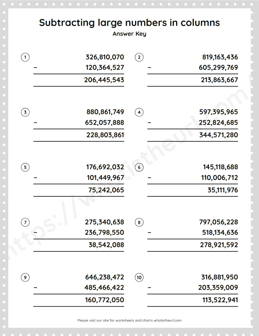 Grade 5 subtracting large numbers in columns worksheet - answer key