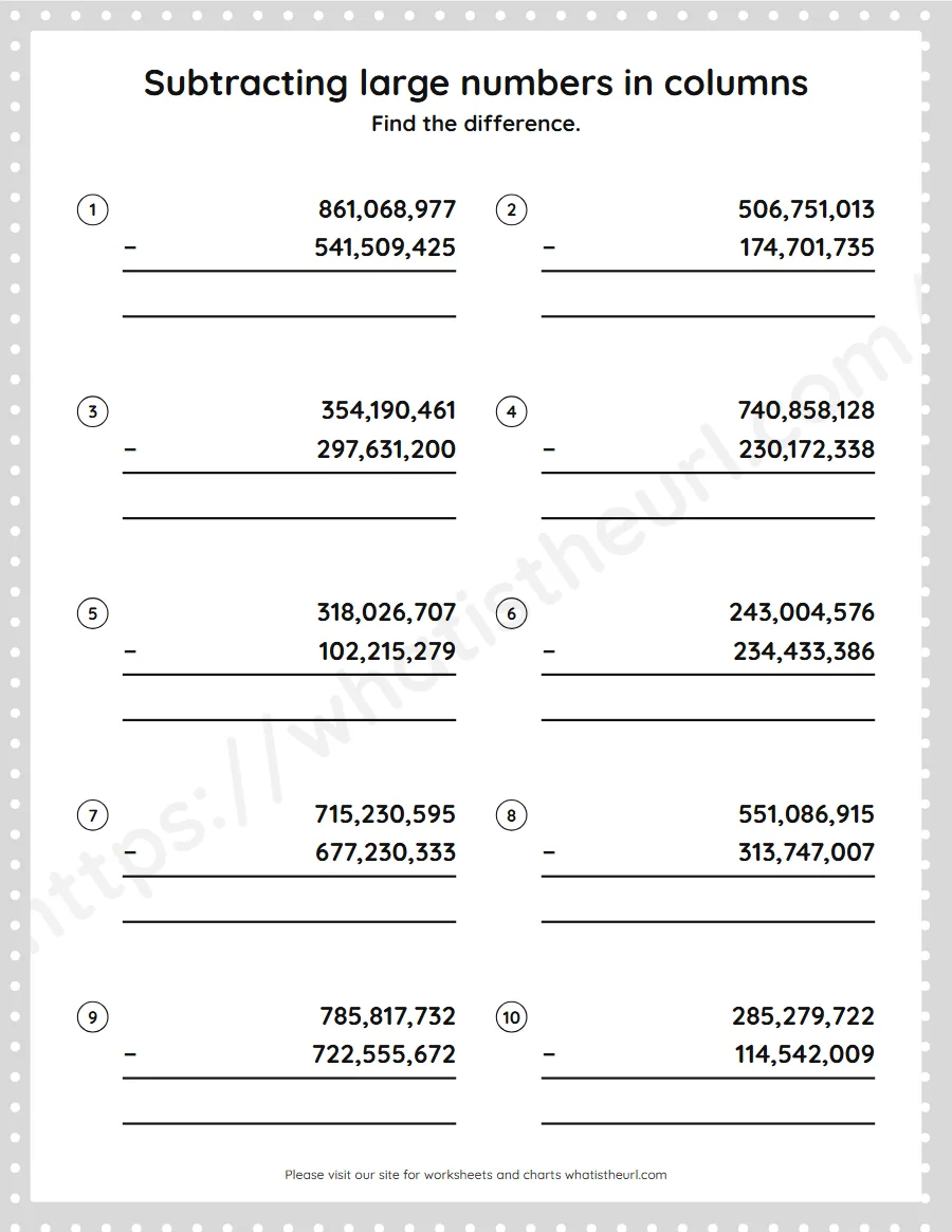 Grade 5 subtracting large numbers in columns worksheet - worksheet