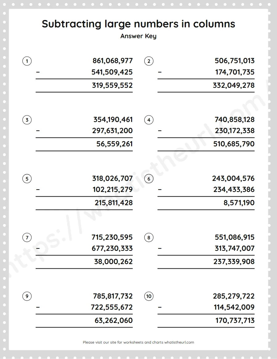 Grade 5 subtracting large numbers in columns worksheet - answer key