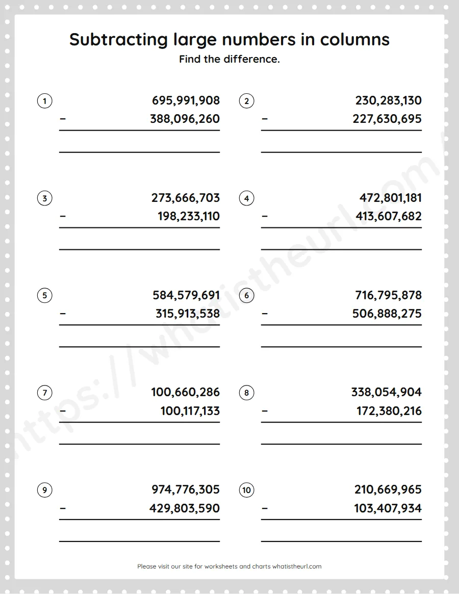Grade 5 subtracting large numbers in columns worksheet - worksheet
