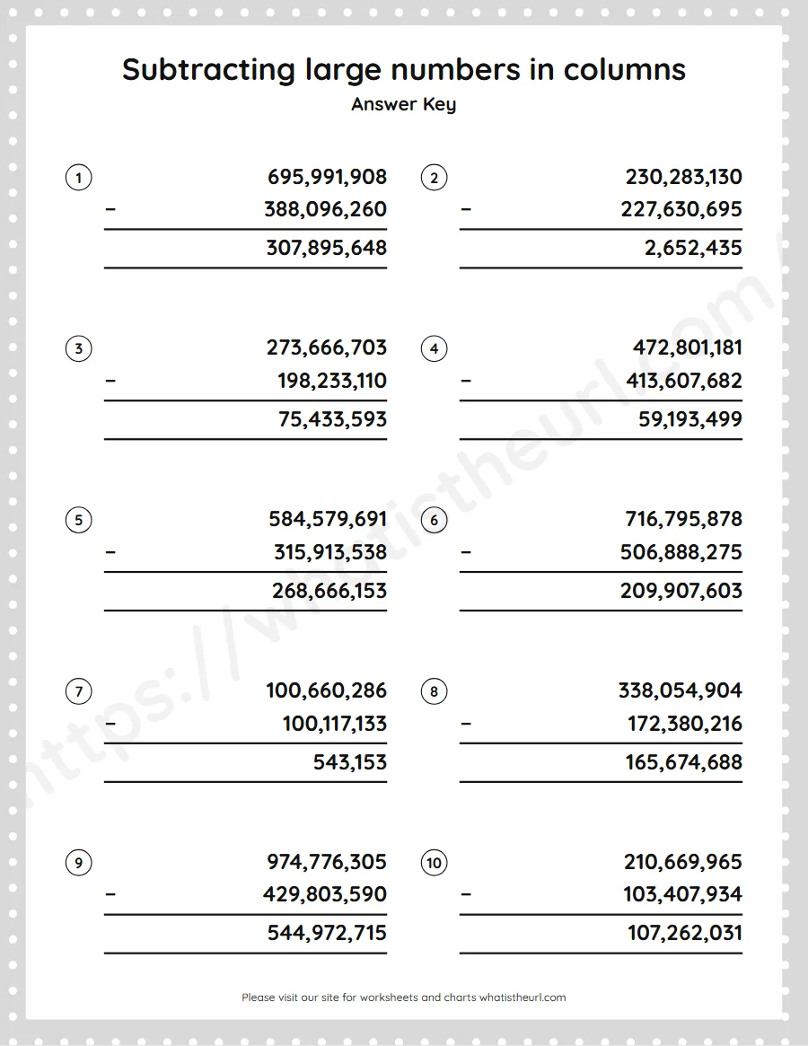 Grade 5 subtracting large numbers in columns worksheet - answer key