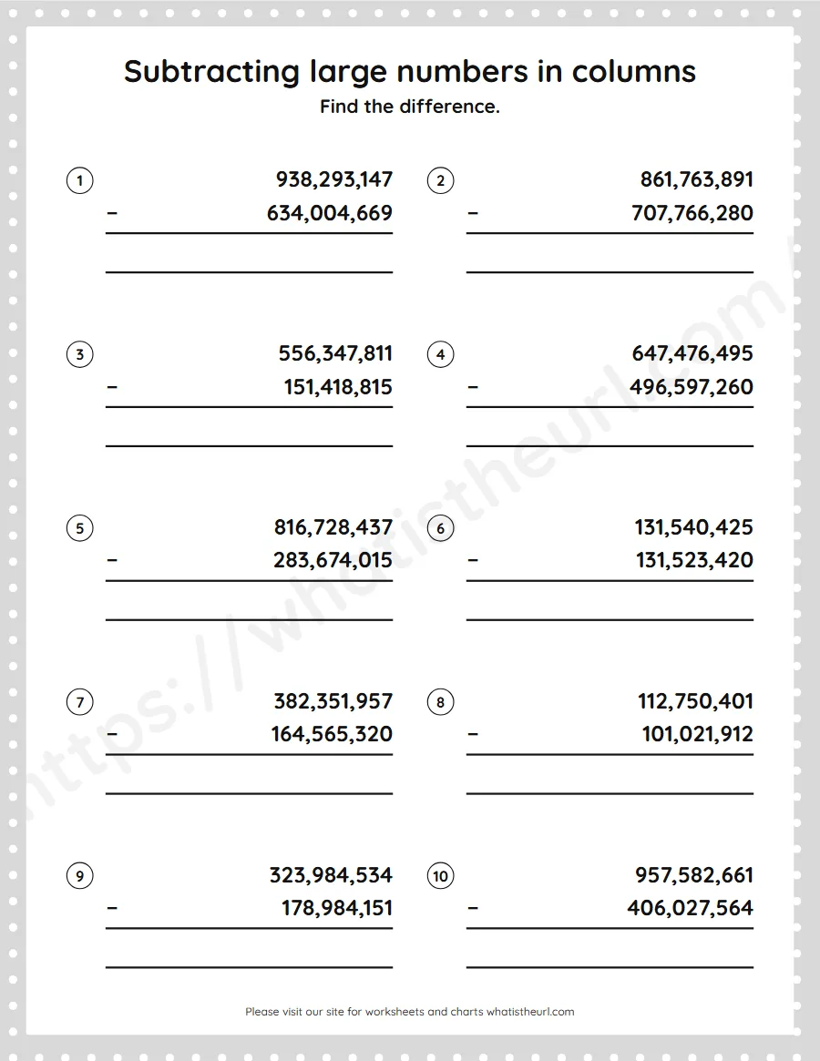 Grade 5 subtracting large numbers in columns worksheet - worksheet