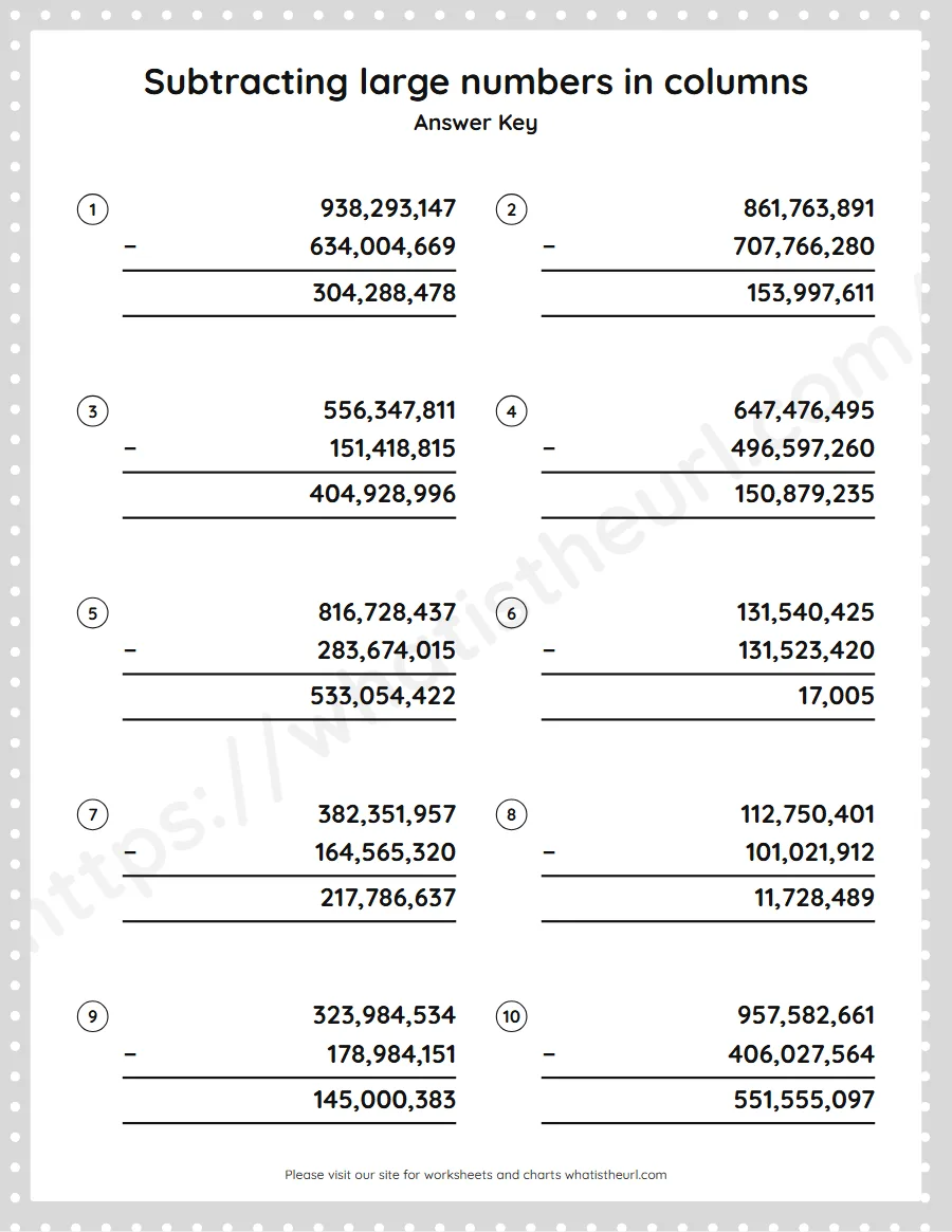 Grade 5 subtracting large numbers in columns worksheet - answer key