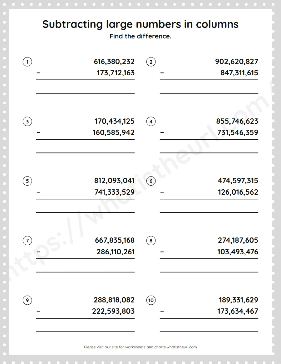 Grade 5 subtracting large numbers in columns worksheet - worksheet