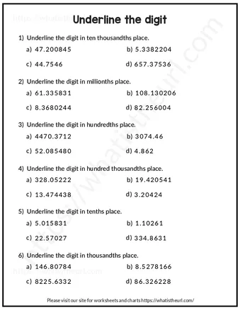 Decimal Value – Underline the digit – Grade 5 – Exercise 1 worksheet preview Decimal Value – Underline the digit – Grade 5 – Exercise 1 worksheet preview