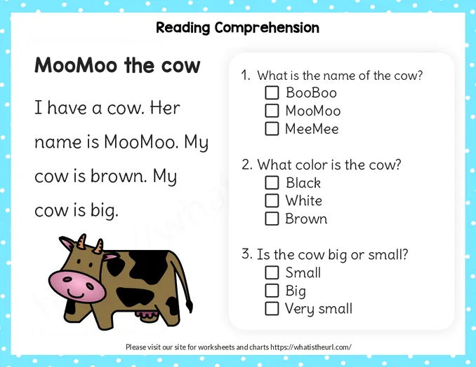 Reading comprehension on Cow, Penguin, alligator and Squirrel - Preschool