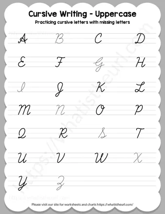 Practicing cursive letters with missing letters – Uppercase worksheet preview Practicing cursive letters with missing letters – Uppercase worksheet preview