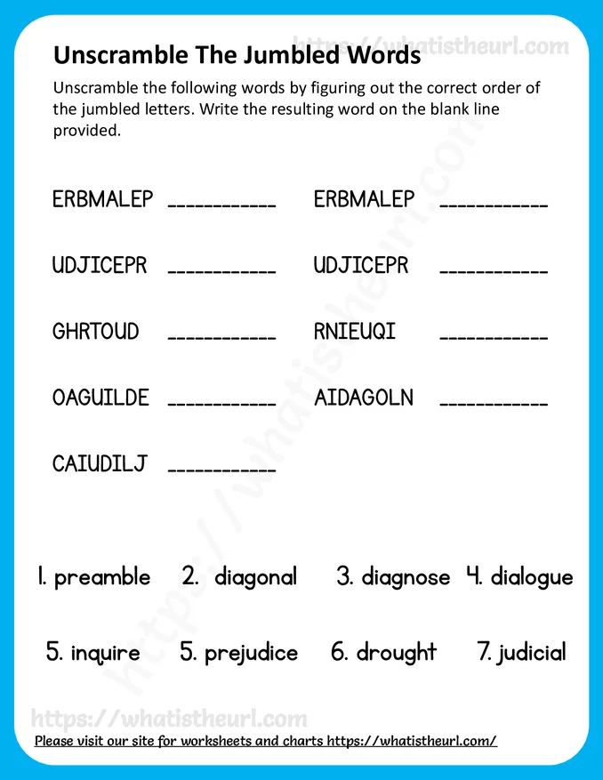 Unscramble the jumbled words worksheet Grade 5