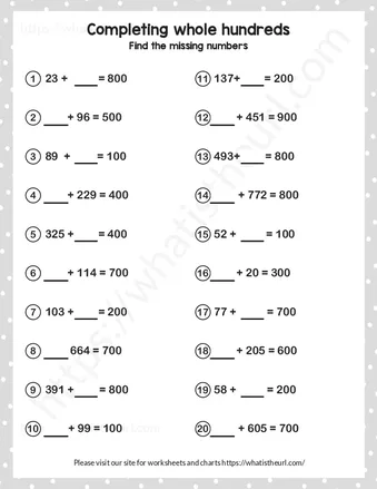 Find missing addend in completing whole hundreds – Exercise 1 worksheet preview Find missing addend in completing whole hundreds – Exercise 1 worksheet preview