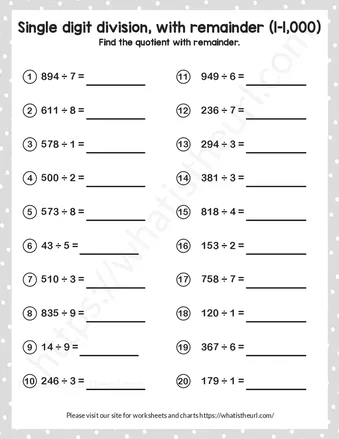 Single digit division with remainder (1 to 1000) – Exercise 1 worksheet preview Single digit division with remainder (1 to 1000) – Exercise 1 worksheet preview