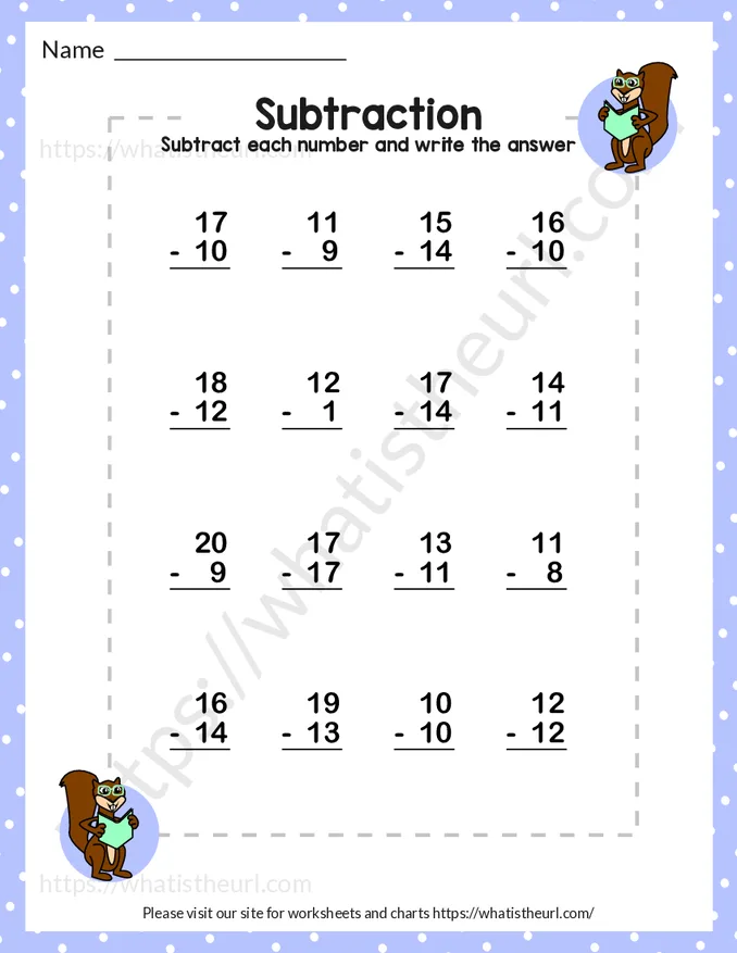 Subtraction up to 20-Exercise 12