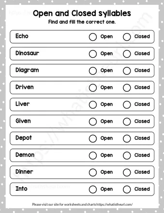 Free open and closed syllables worksheets – Exercise 4 worksheet preview Free open and closed syllables worksheets – Exercise 4 worksheet preview