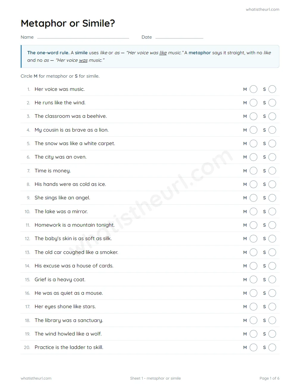 Metaphor worksheet - metaphor or simile
