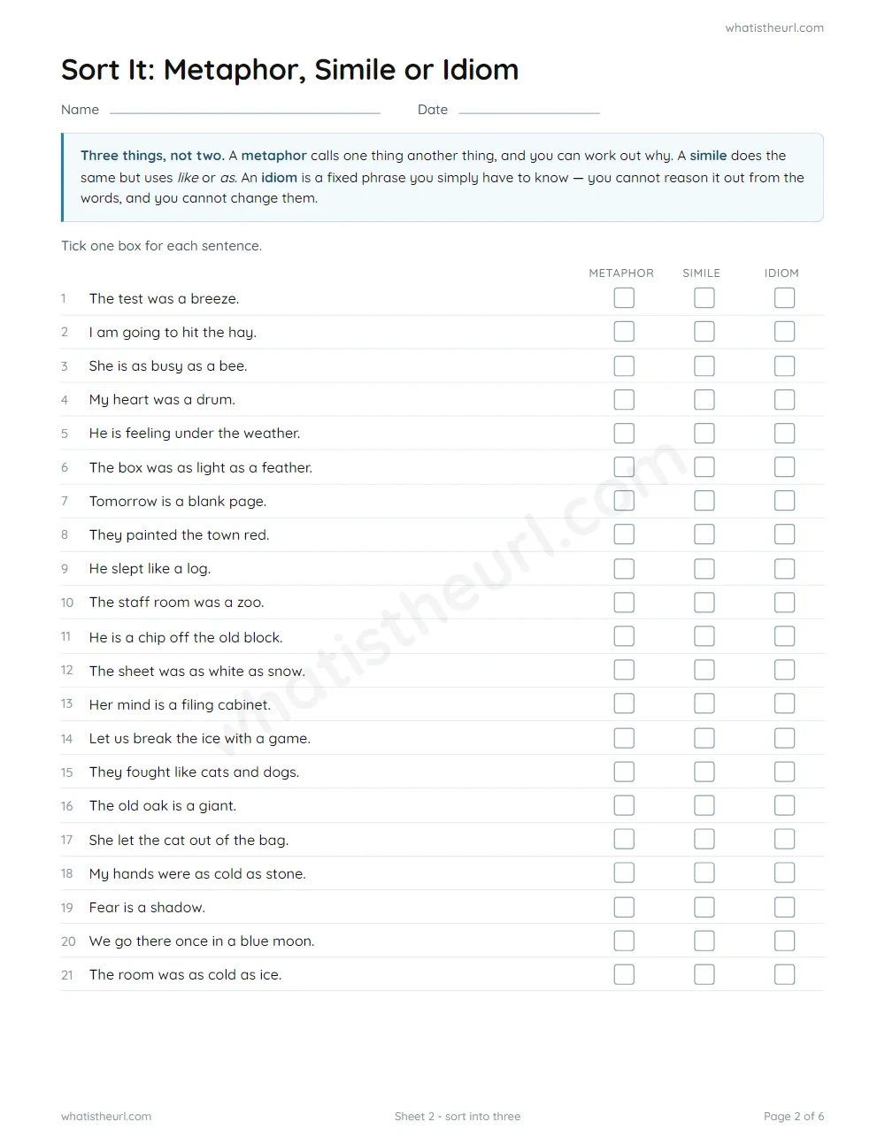 Metaphor worksheet - sort into metaphor, simile or idiom
