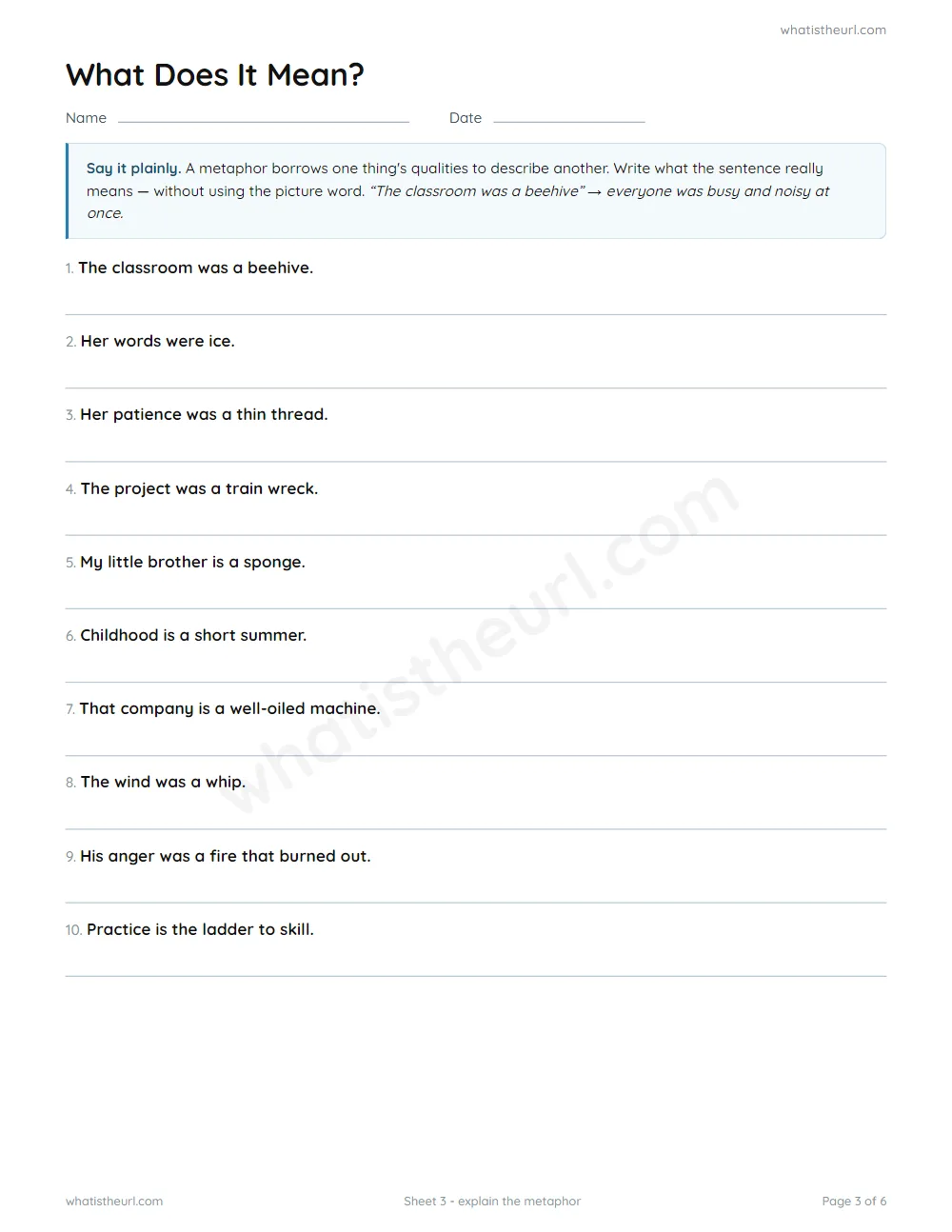 Metaphor worksheet - explain the metaphor