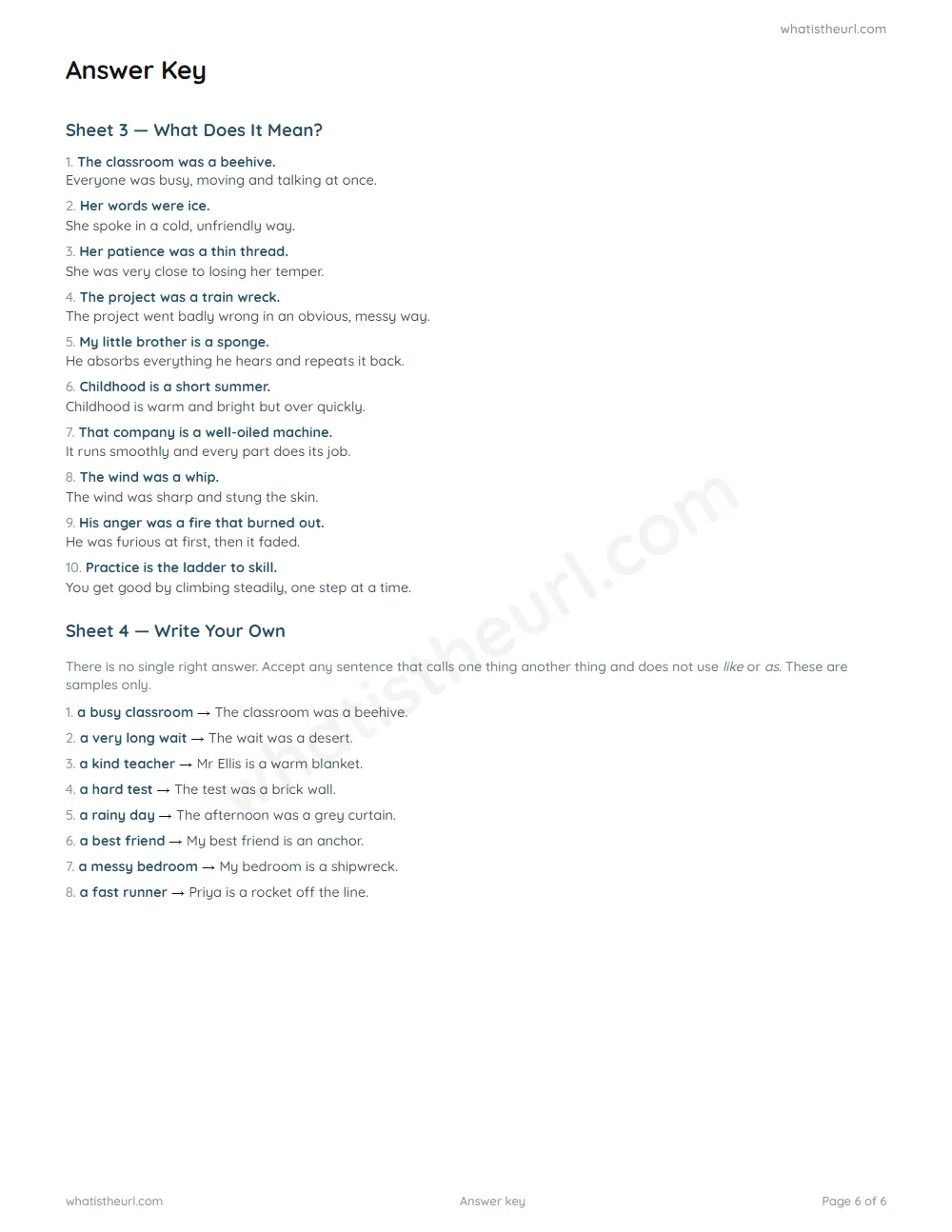 Metaphor worksheet - answer key sheets 3-4