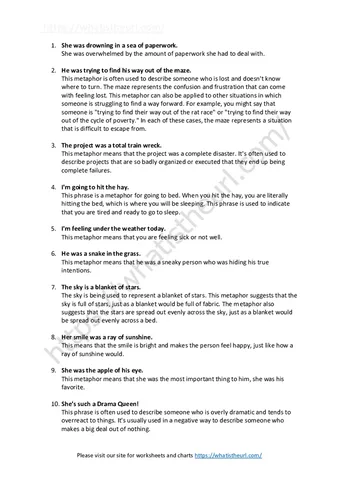 25 Metaphor Example Sentences with Meaning worksheet preview