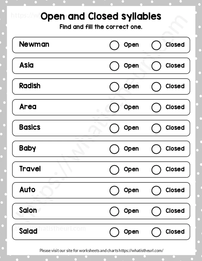 Free open and closed syllables worksheets - Exercise 2