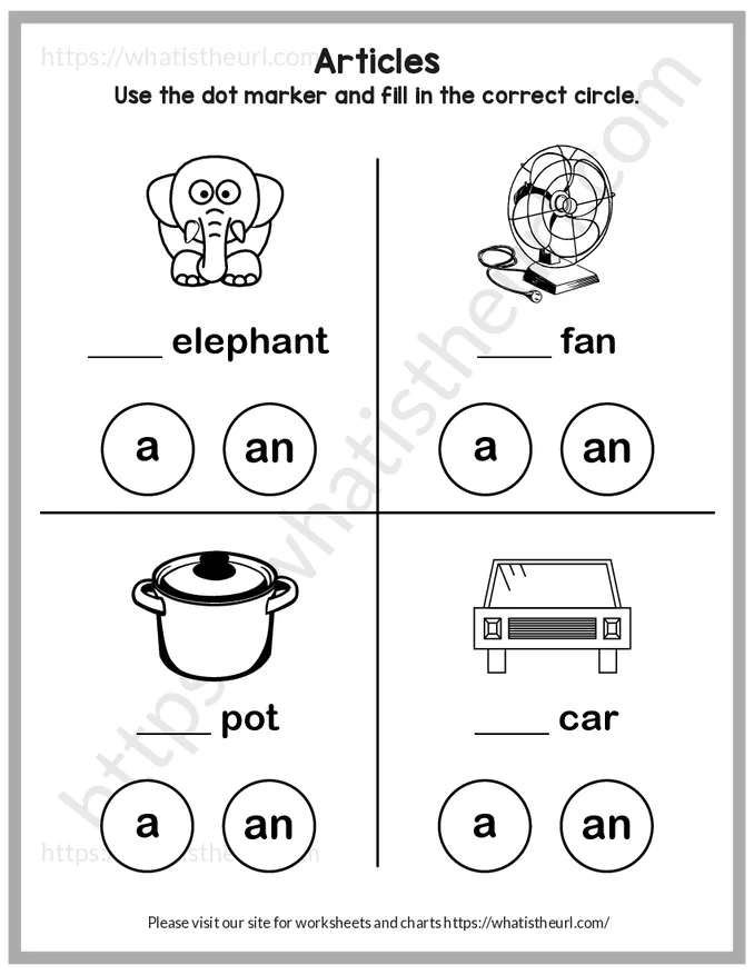 A or An Articles Worksheets for Kids - Exercise 1 (Dab the right one)