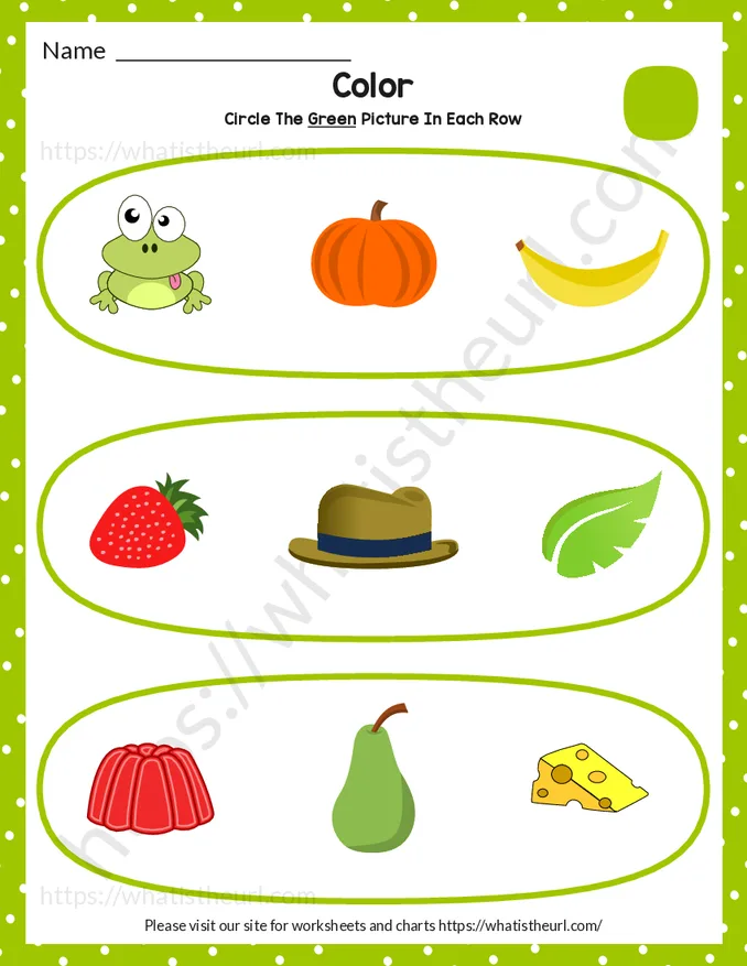 Find and circle the green picture - Kindergarten Worksheet