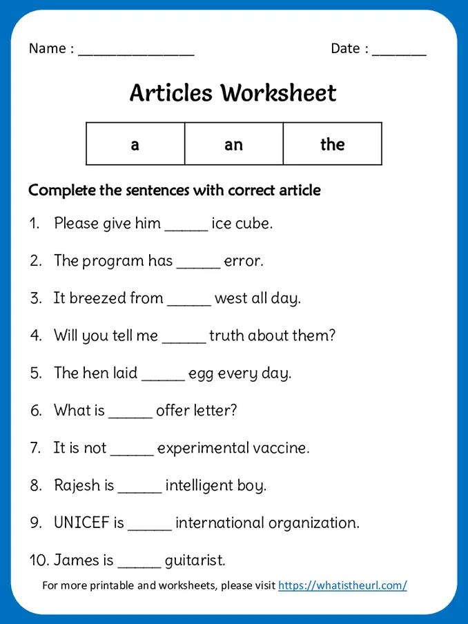Articles (a, an and the) Worksheet for grade 3 -Exercise 6