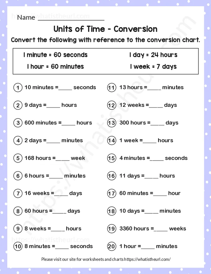 Units of Time Conversion with Hours, Minutes, Day and Week-Exercises 1 to 20 (Answer Key Included)