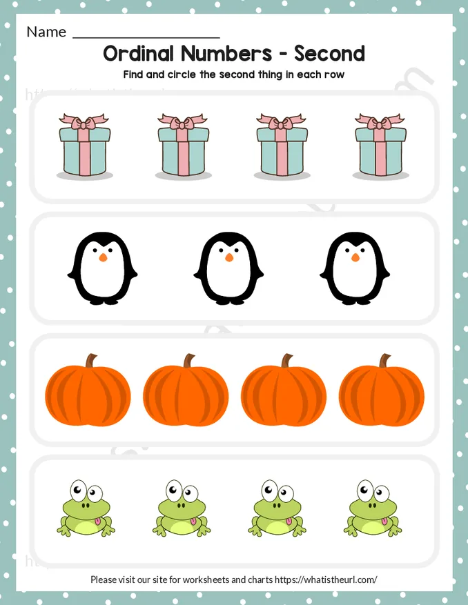 Ordinal Numbers Worksheets - Find and Circle the Second Thing in Each Row