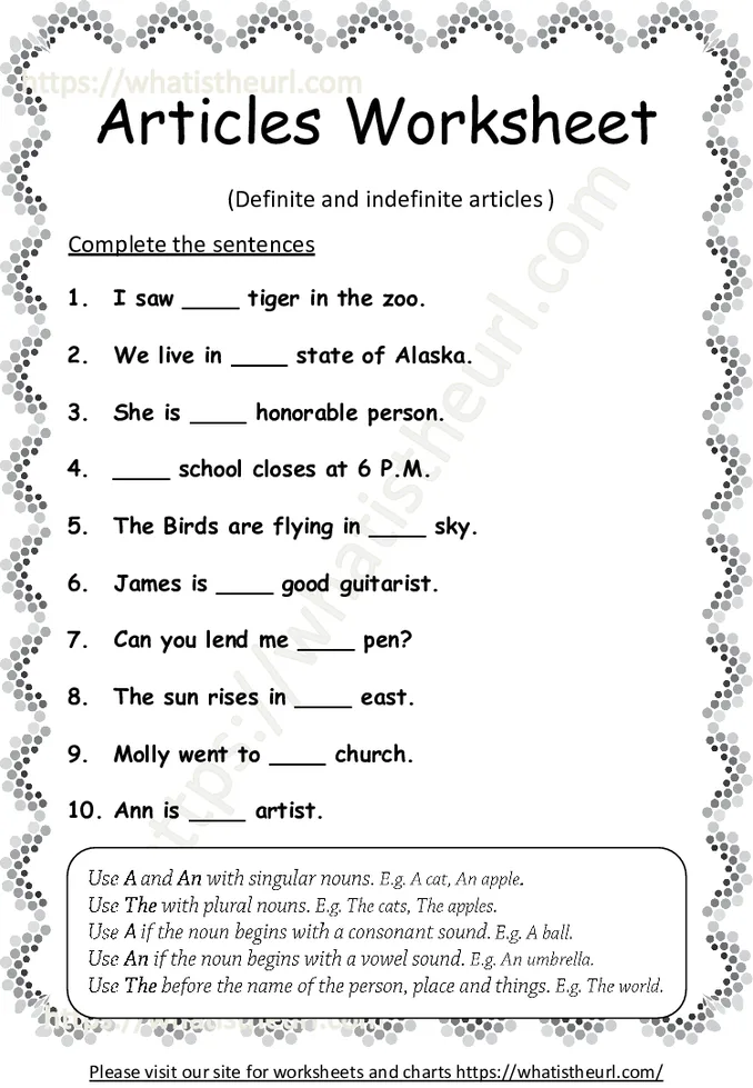 Worksheet on Definite and Indefinite articles – Exercise 2 worksheet preview Worksheet on Definite and Indefinite articles – Exercise 2 worksheet preview