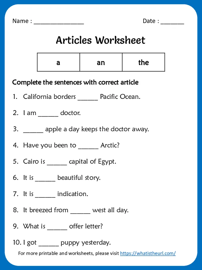 Articles (a, an and the) Worksheet for grade 3 -Exercise 5