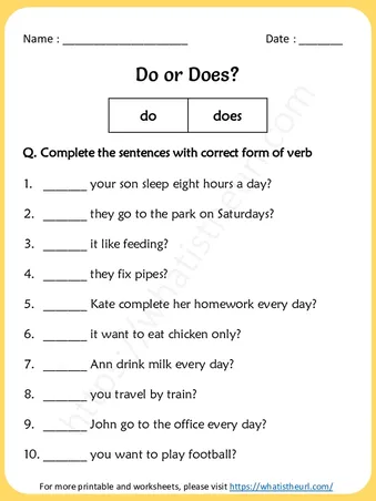 Do or Does Worksheets for Grade 3 – Exercise 7 worksheet preview