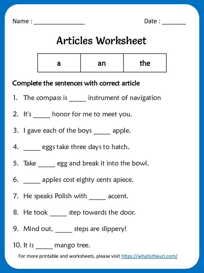 Articles (a an and the) Worksheet for grade 3
