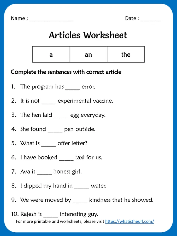 Articles (a, an and the) Worksheet for grade 3 -Exercise 3