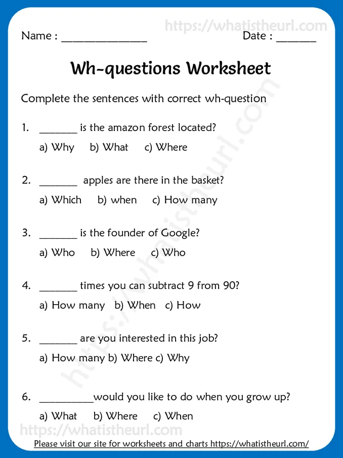 Wh Questions Worksheets for Grade 5 - Exercise 5
