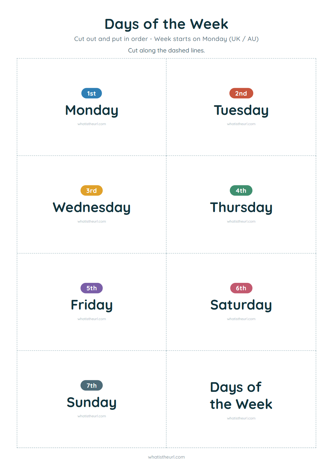 Days of the week cards, week starts on monday (uk / au)