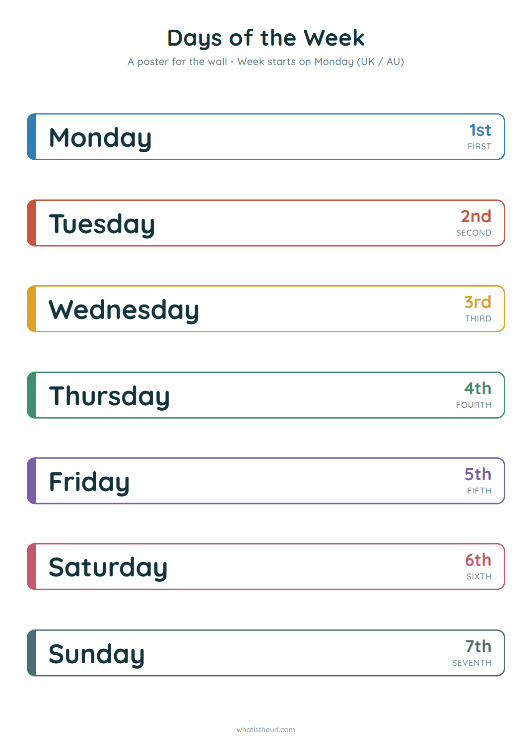 Days of the week poster, week starts on monday (uk / au)